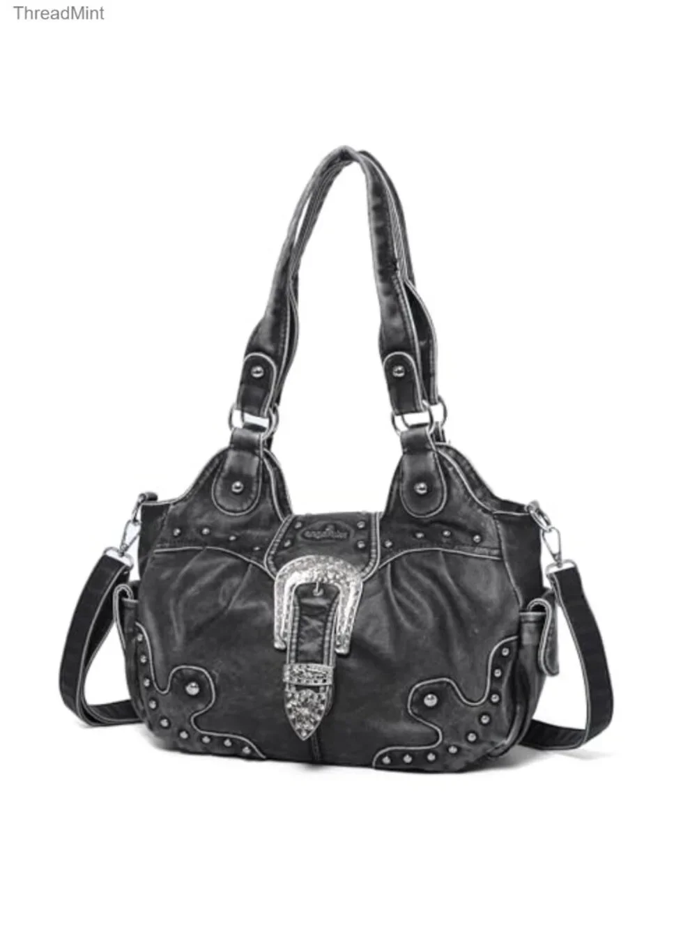 Women's Vegan Leather Hobo Handbag with Metal Studs, Adjustable Crossbody Strap